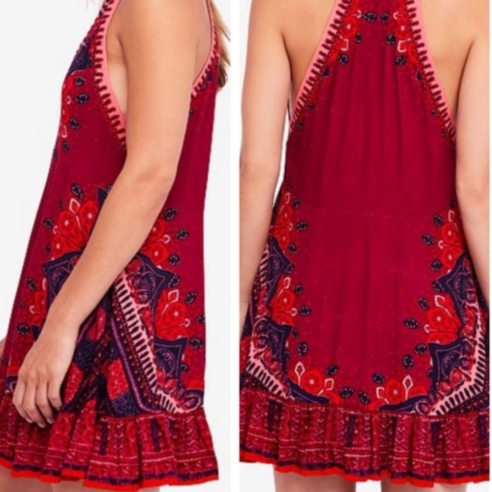 Free People Steal The Sun Halter Mini Dress Ruffle Hem Cutout Swingy Red Md NWT - Picture 14 of 16